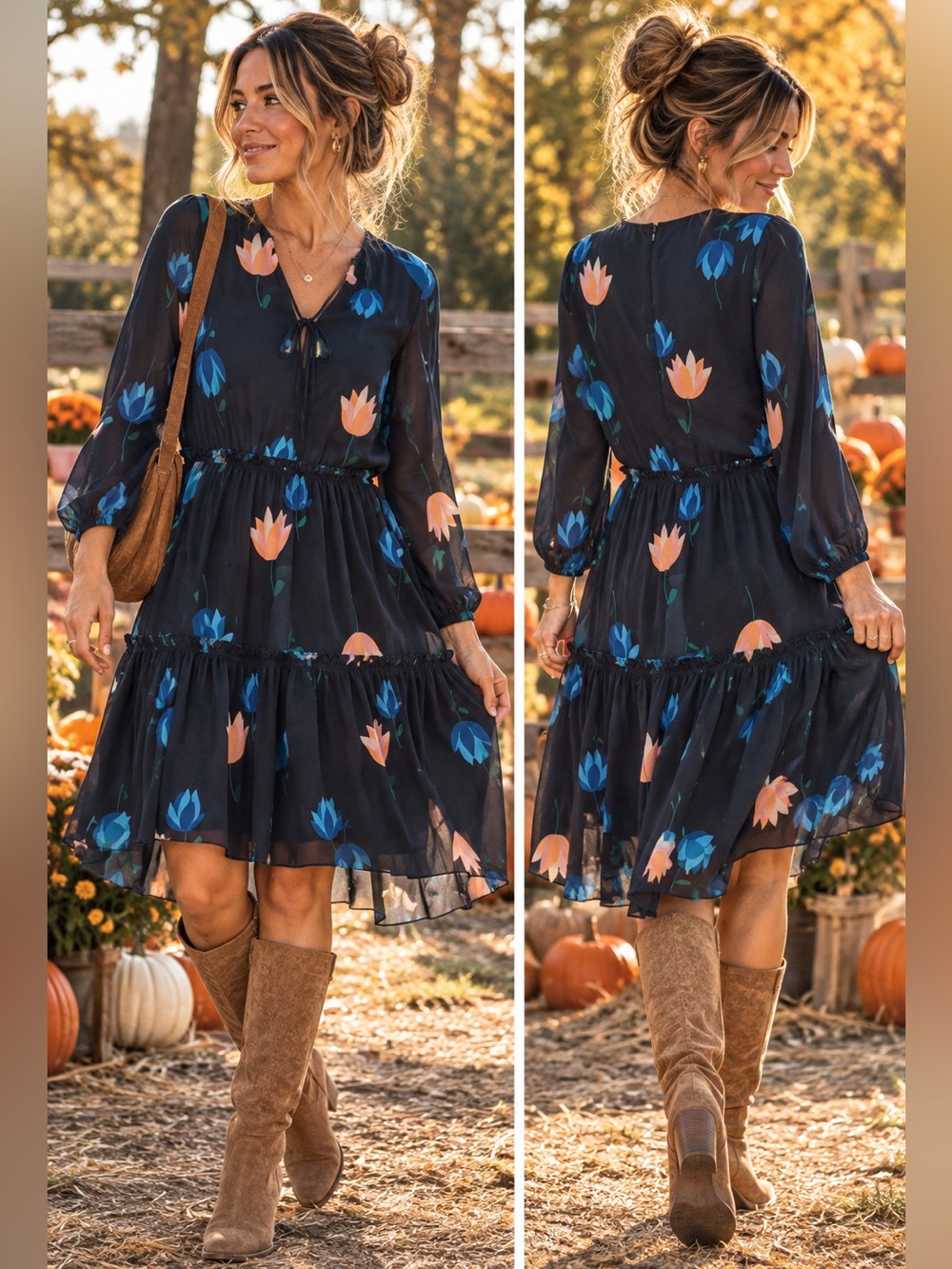 Ann Taylor Floral Tiered Chiffon Dress Size 2 Long Sleeve Tie Neck
